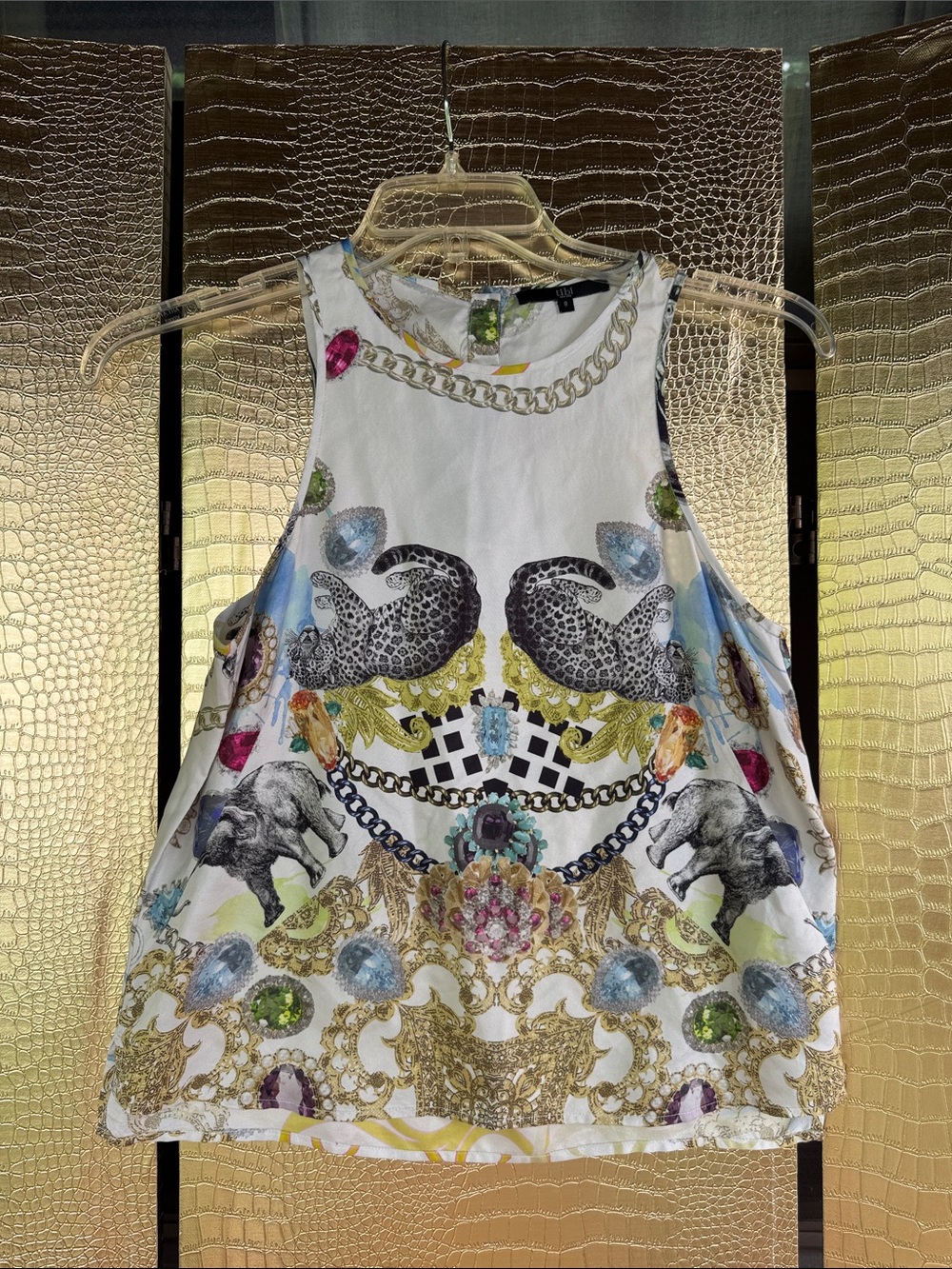 Tibi SILK Jewel & Animal Print Sleeveless Tank - White Multicolor